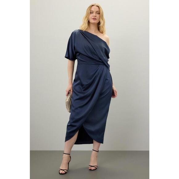Theia Dresses & Skirts - Theia Blue Rayna One Shoulder Draped Gown Size 8 with Fabric Pull